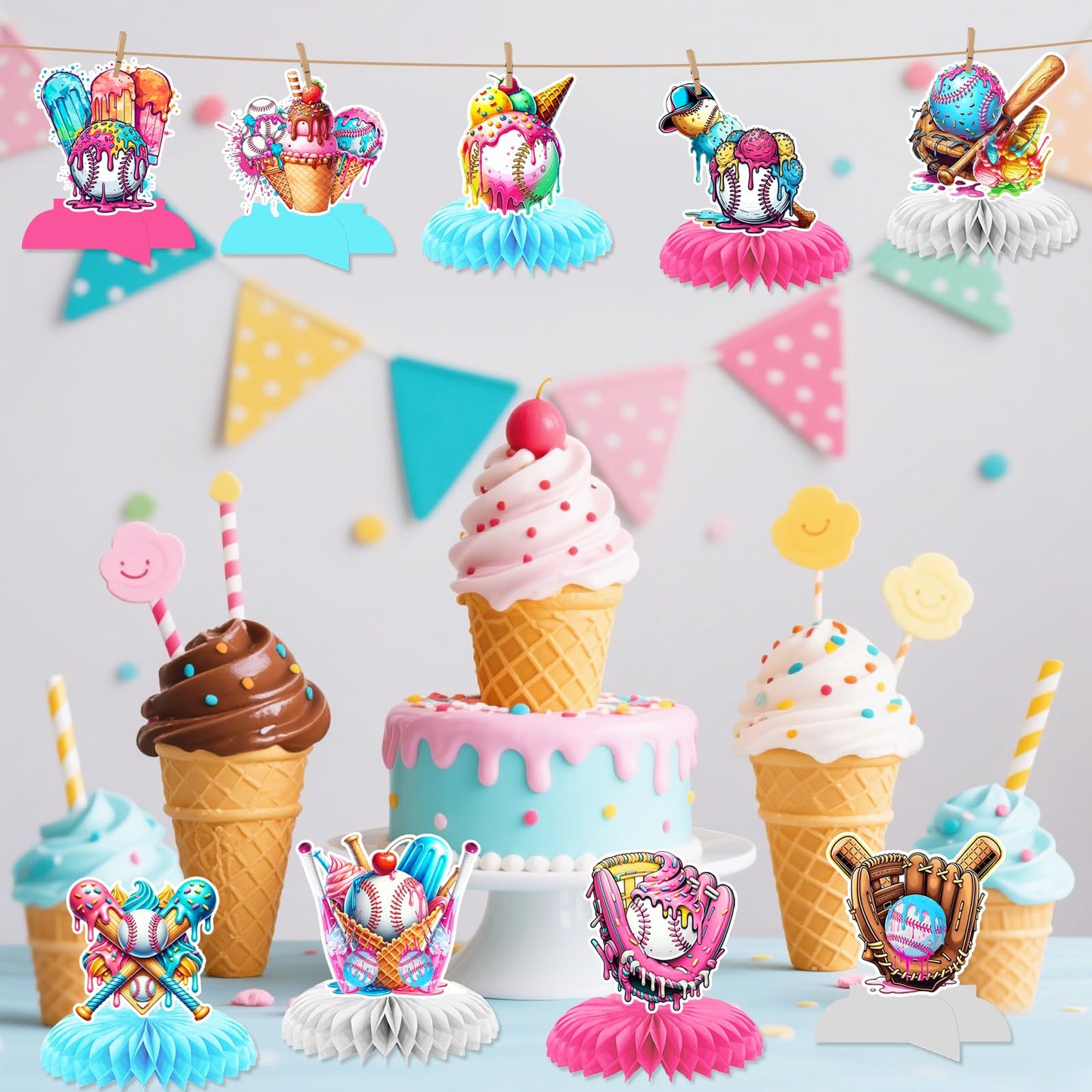 Baseball Drip Birthday Party Centerpieces: 9Pcs Ice Cream Drip Baseball Party Decorations Ice Cream Baseball Drip Party Decorations