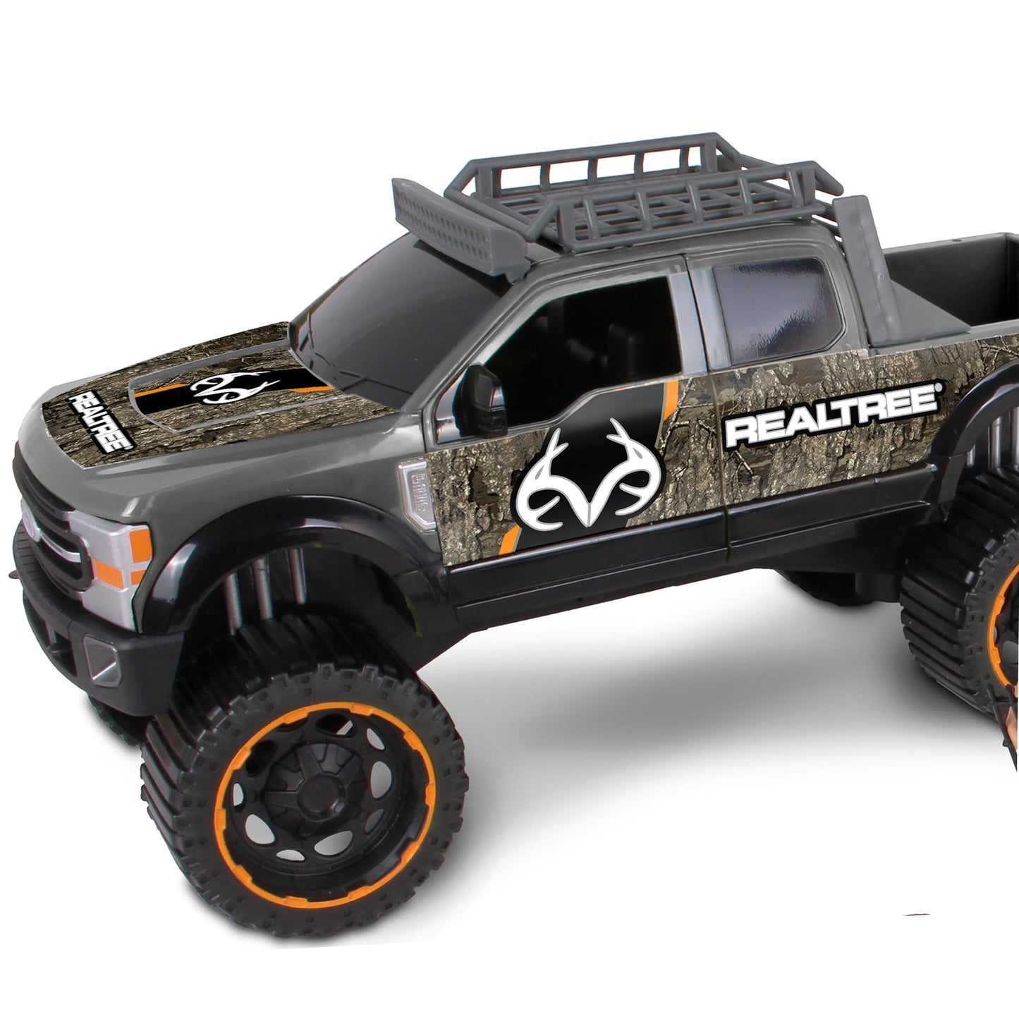 NKOK Realtree 1/18 Scale Free-Wheel Playsets 10-PC Set, RT Ford F-250 Super Duty Fishing Boat on Trailer & Accessories playset (Roof Rack, Hunter, 2