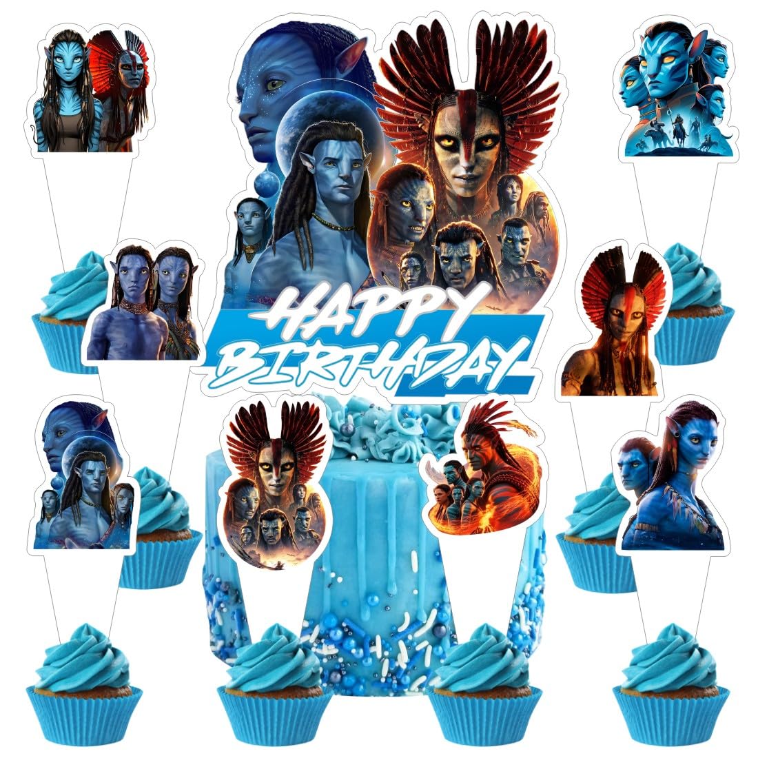 25Pcs Avatar Cake Decorations with 24pcs Cupcake Toppers, 1pcs Big Cake Topper for Avatar Birthday Party Supplies