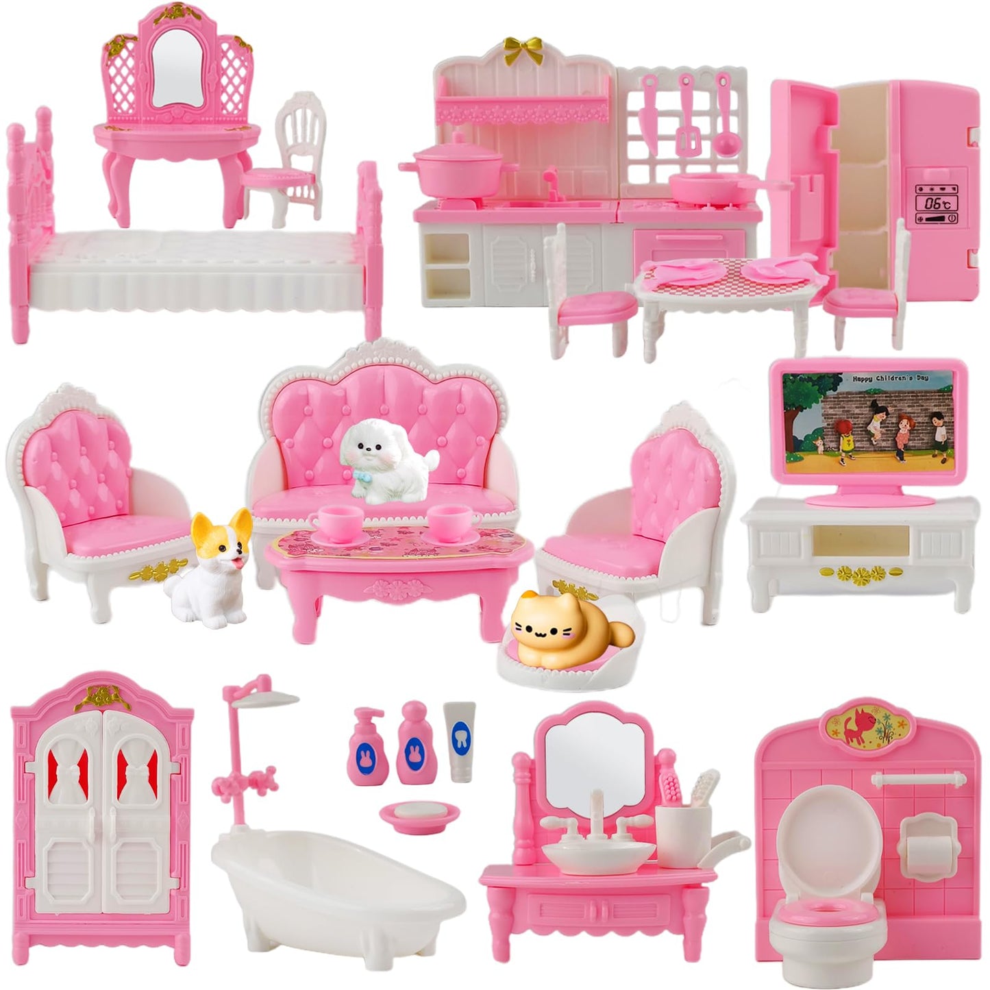 46 Pcs Dollhouse Furniture Set,Miniature Dollhouse Accessories 1:12 Doll Furniture with Cat,Dog,Kitchen, Dining Room,LivingRoom,Bedroom Mini Doll