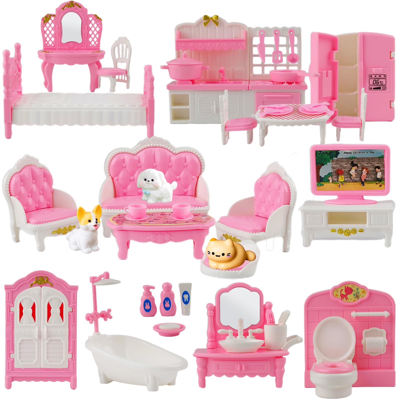 46 Pcs Dollhouse Furniture Set,Miniature Dollhouse Accessories 1:12 Doll Furniture with Cat,Dog,Kitchen, Dining Room,LivingRoom,Bedroom Mini Doll