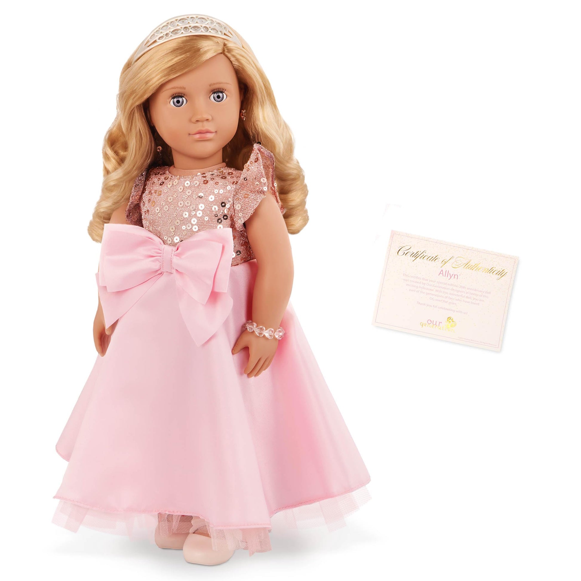 Our Generation - Special Edition 30th Anniversary Collection Doll - Unique Violet Eyes & Wavy Blonde Hair - Festive Pink Gown & Jewelry Accessories