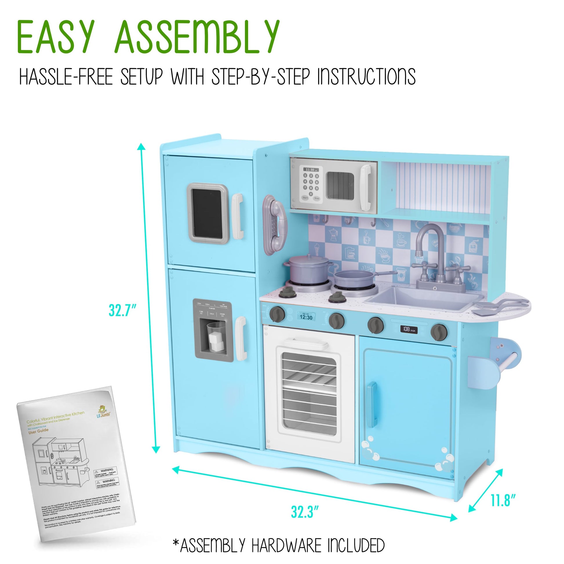 Lil' Jumbl Kids Kitchen Set, Pretend Wooden Play Kitchen with Chalk Board, Play Phone, Towel Rack & Ice Dispenser, Clicking Knobs, Pots & Utensils