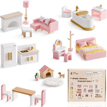 ROBUD Wooden Dollhouse Furniture Set, 28 Pcs Doll House Accessories, Miniature Furniture Including 6 Room Kits, Pretend Play Toys, Gift for Boys