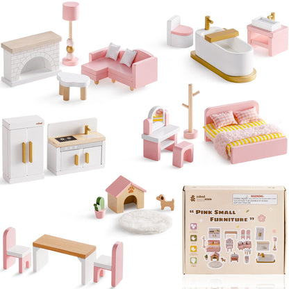 ROBUD Wooden Dollhouse Furniture Set, 28 Pcs Doll House Accessories, Miniature Furniture Including 6 Room Kits, Pretend Play Toys, Gift for Boys