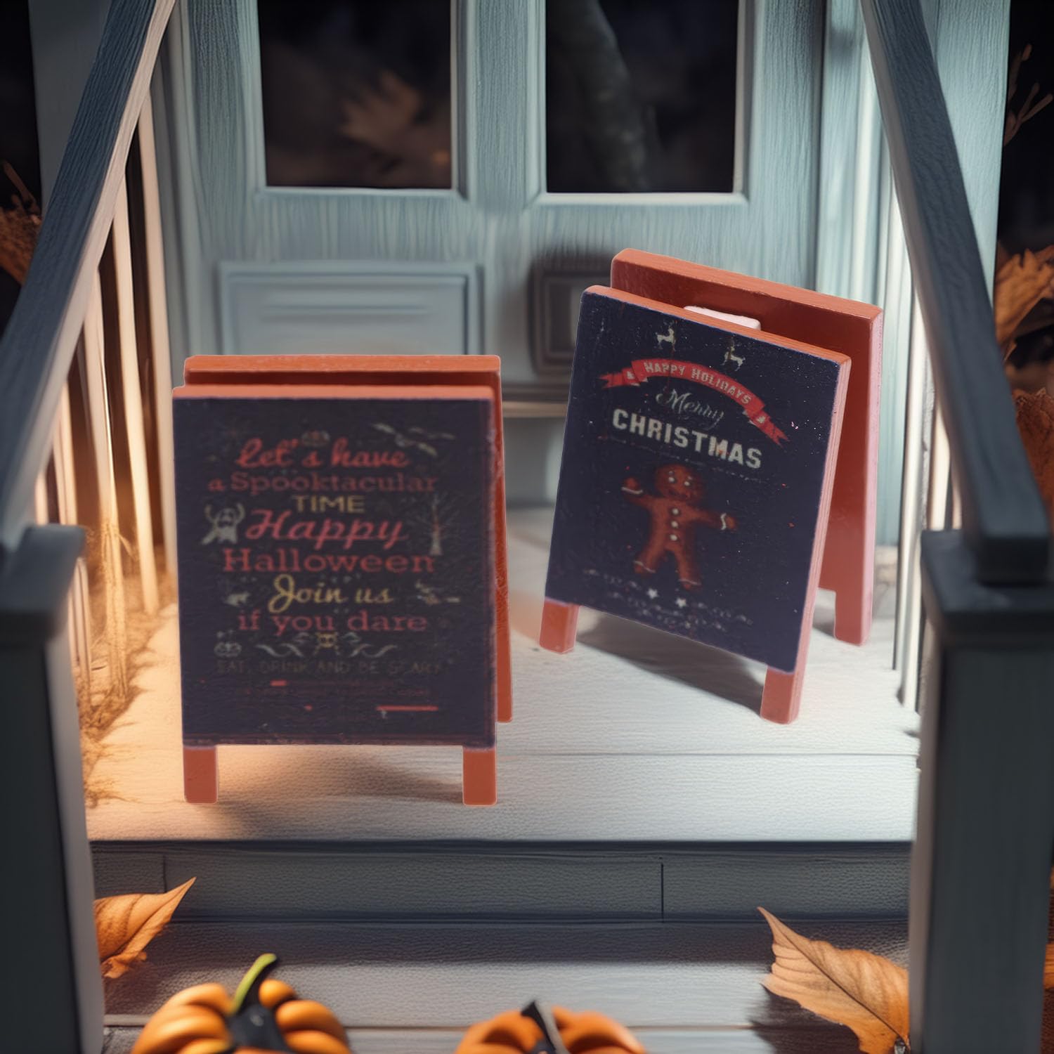 Set of 2 Miniature Holiday A-Frame Signs, Double-Sided Christmas or Halloween Wood Signboards for 1:12 Scale Dollhouse, Festive Decor for Tiered Tray