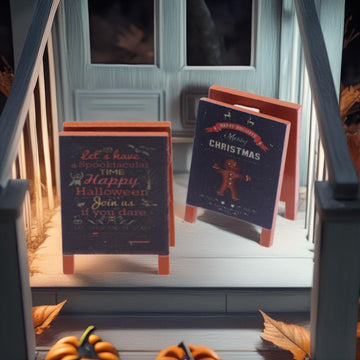 Set of 2 Miniature Holiday A-Frame Signs, Double-Sided Christmas or Halloween Wood Signboards for 1:12 Scale Dollhouse, Festive Decor for Tiered Tray
