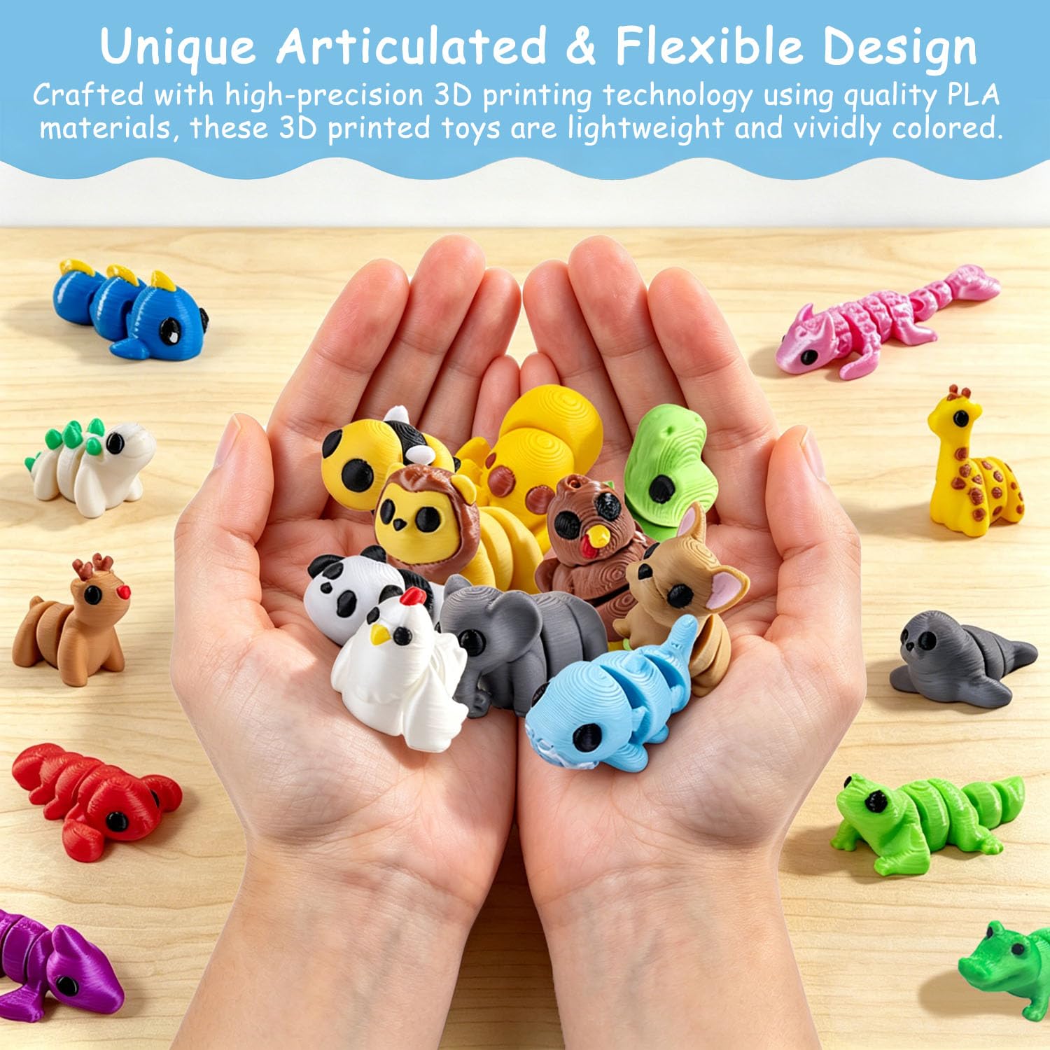 63Pcs Mini 3D Printed Articulated Animals Figurines Set - Surprise 3D Printed Animals Cute for Party Favors, Desk Decor, Classroom Prizes & Office