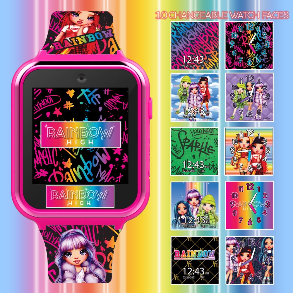 Accutime Kids Rainbow High Educational Learning Touchscreen Pink Smart Watch Toy with Multicolor Strap for Girls, Boys, Toddlers - Selfie Cam, Games