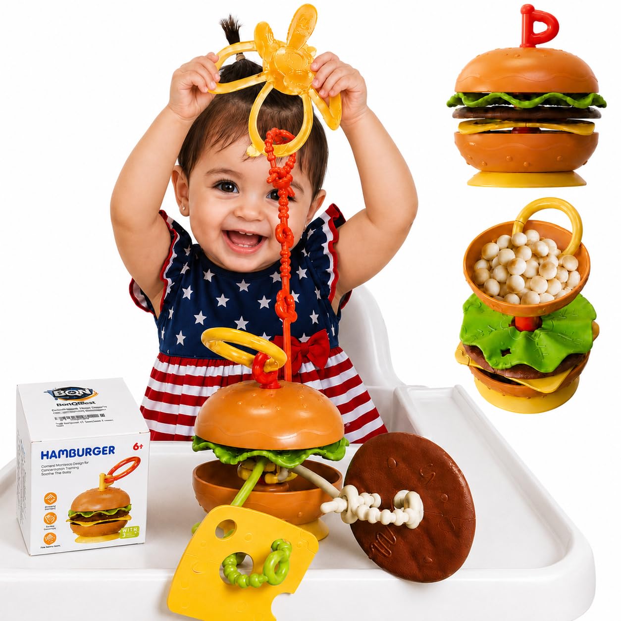 Hamburger Suction Cup Baby Toy Holder for High Chair, Car Seat & Stroller, 3 Tether Straps Keep Toys from Falling Down, BPA-Free Food-Grade Silicone