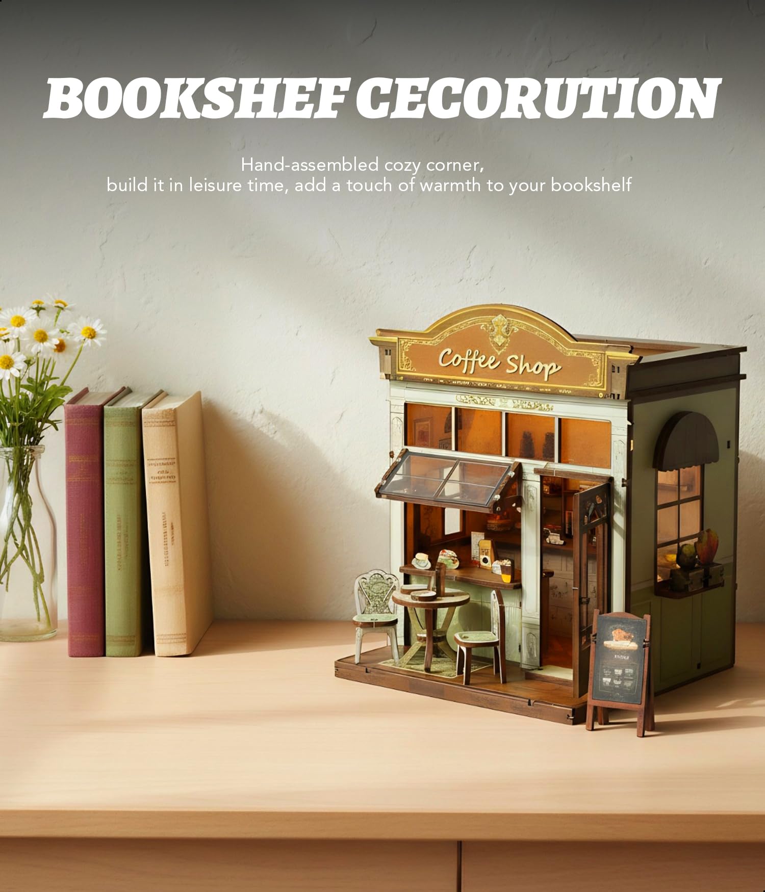 KOLOTESAME Coffee Shop Book Nook Kit, DIY Miniature House 3D Wooden Puzzle with LED Light, Bookshelf Insert Decor Tiny Dollhouse Building Kit