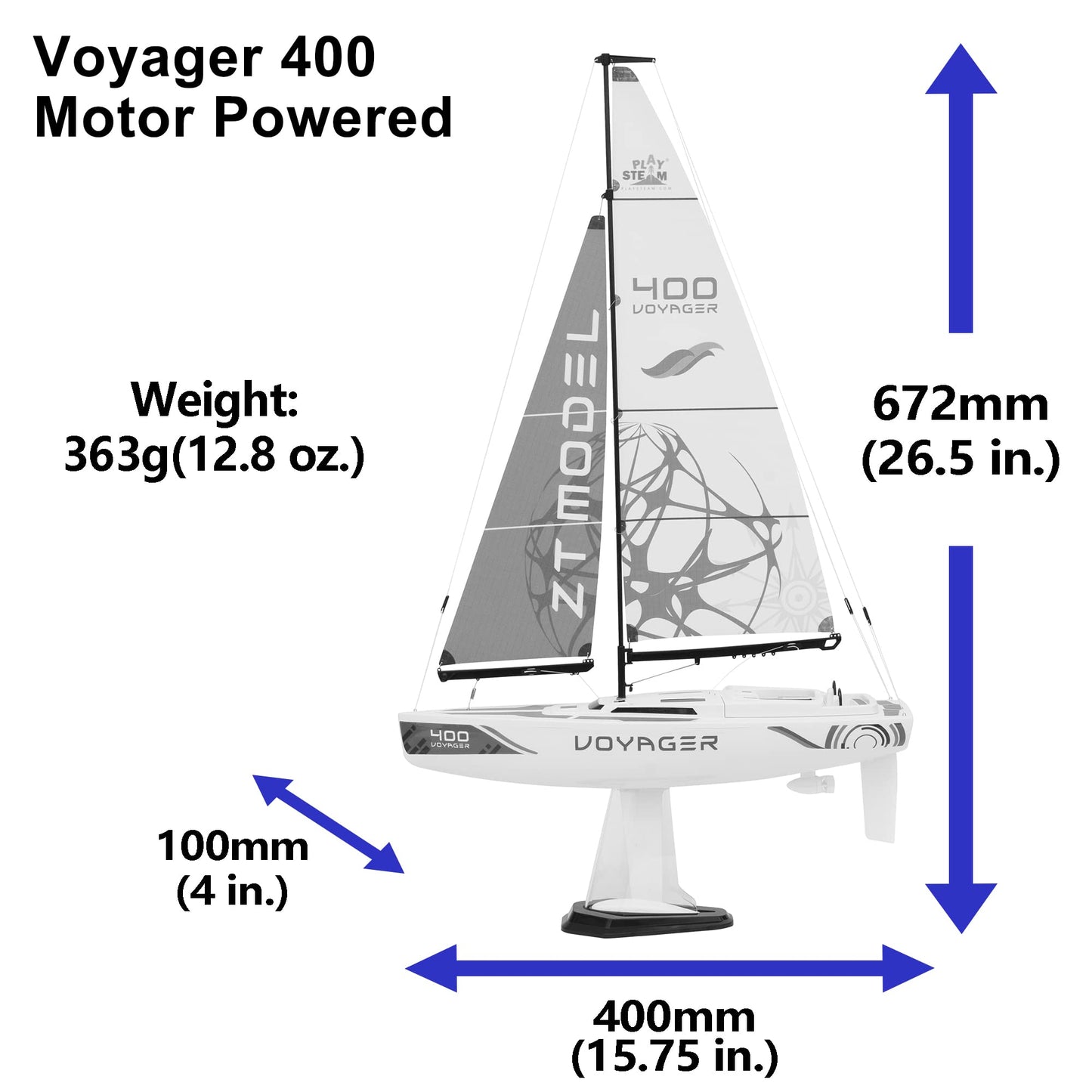 PLAYSTEAM Voyager 400 2.4GHz RC Motor Powered Sailboat in Blue - 26" Tall