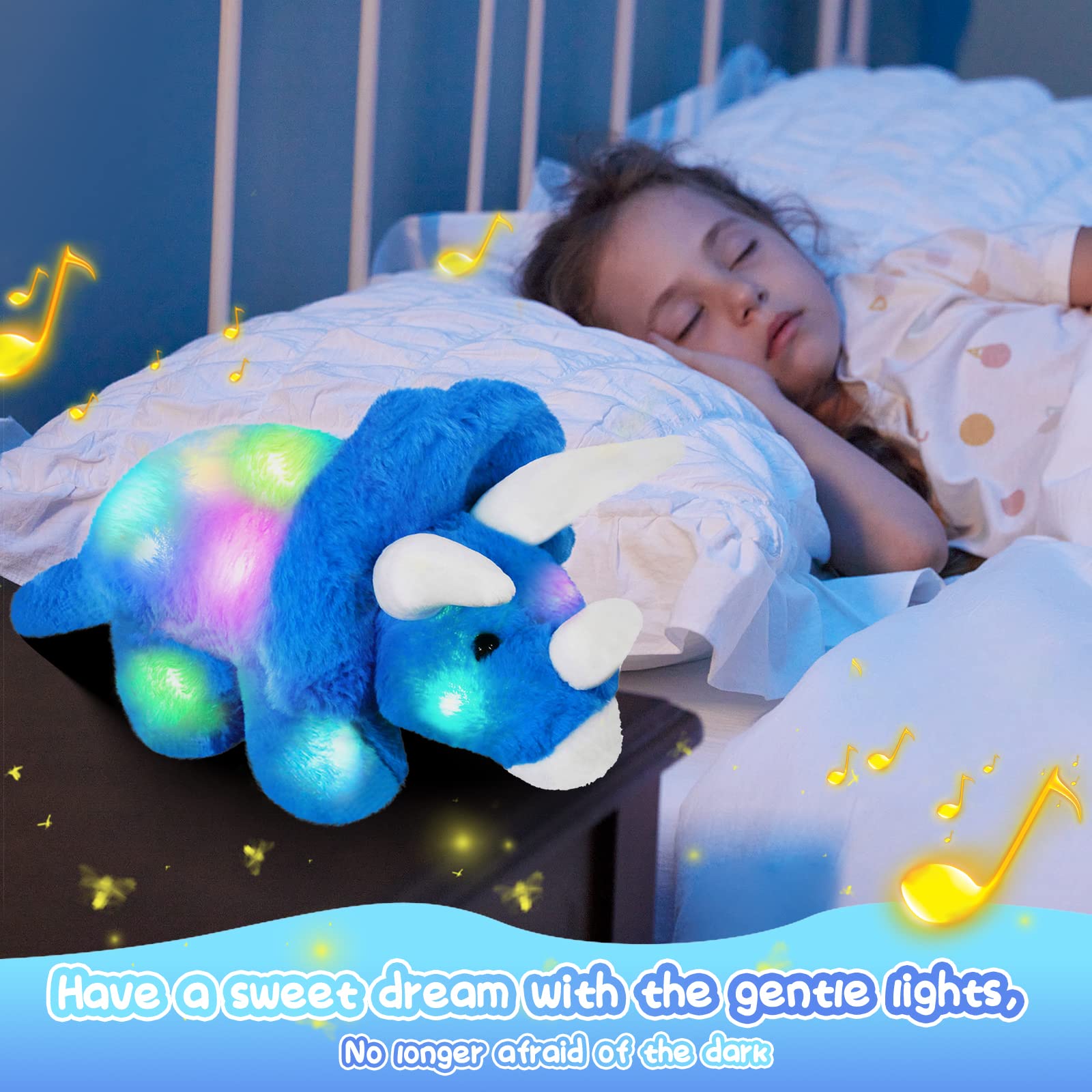 Glow Guards 16''Light up Musical Triceratops Dinosaur Stuffed Animal,Soft Singing LED Dinosaur Plush Toy with Magic Night Lights&Lullaby,Birthday