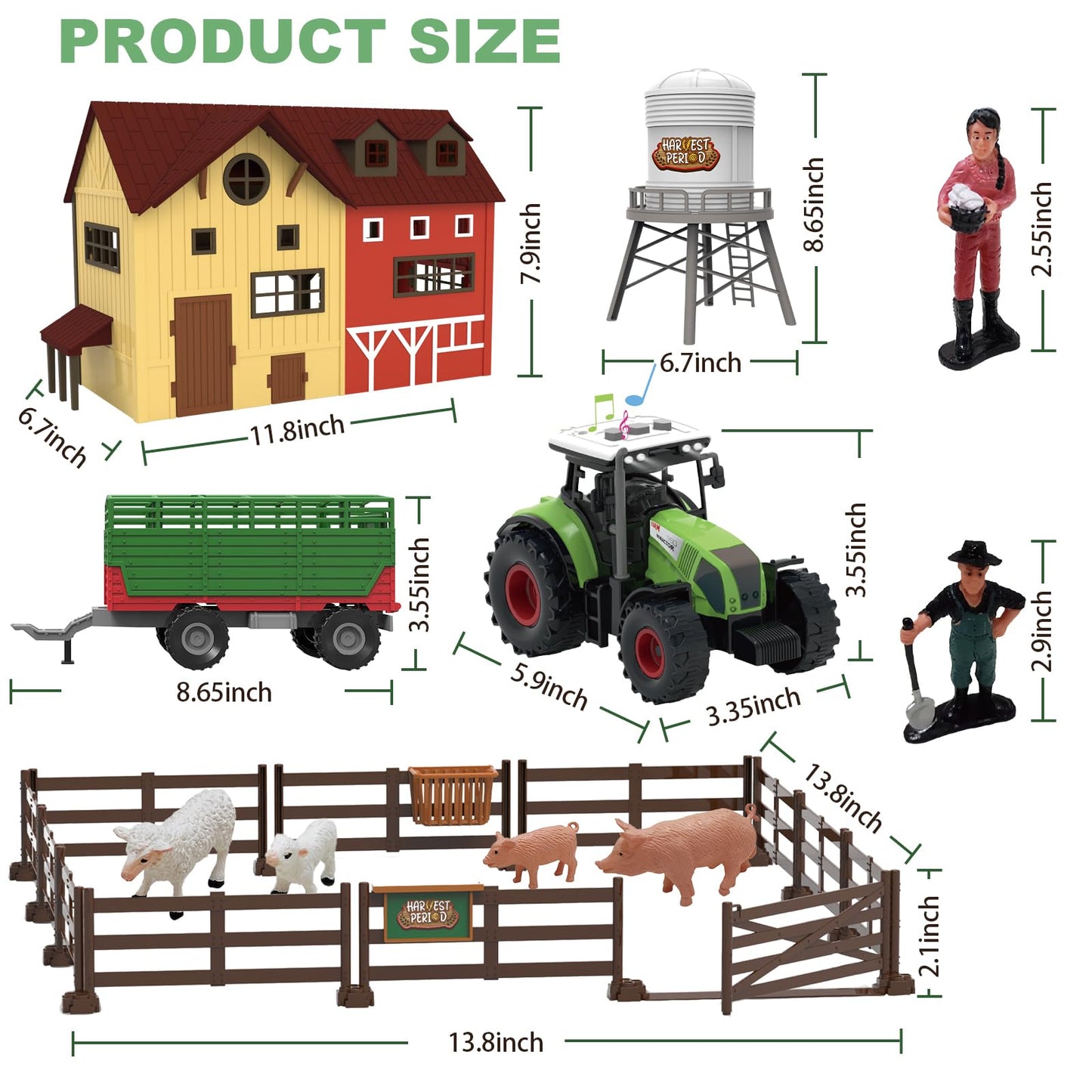 lonfypeng 109PCS Farm Animals Toys Set Comes with Barn, Rice Storehouse, Rice Trolley with Lights & Sounds, Milking shed, Farmer, Fence - Playset
