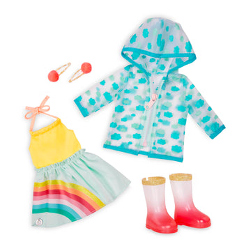 Glitter Girls - 14-Inch Doll Clothes - Smile! Rain Or Shine Outfit - Rainbow Dress, Hair Clips, Raincoat, and Rain Boots - Toys, and Accessories