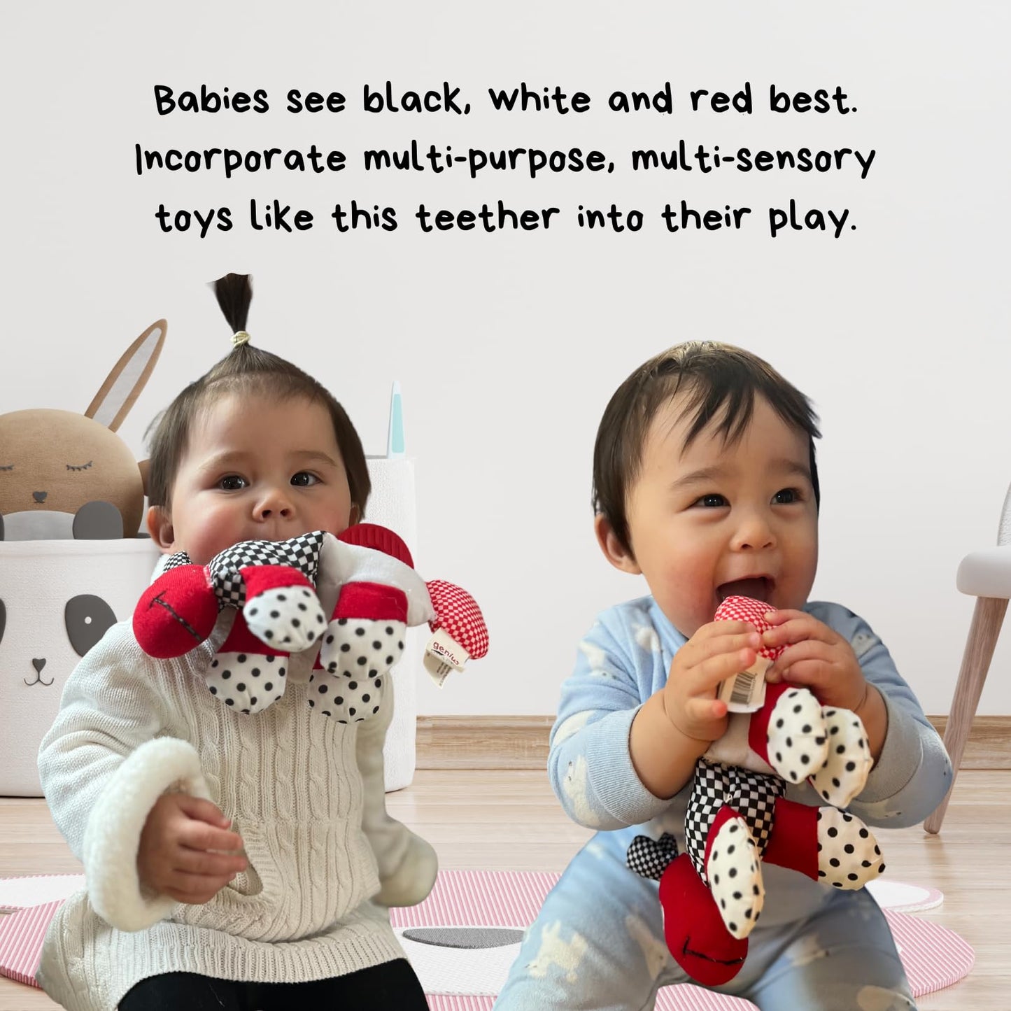 Genius Baby Toys Caterpillar Teething and Sensory Toy, High Contrast Black White Red, Multi-Texture Segments, BPA-Free, No Hard Parts, Machine