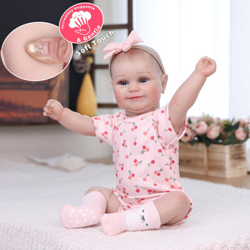 Tookyhill Reborn Baby Dolls- 18 Inch Full Vinyl Realistic Baby Doll Poseable Smiling Real Life Baby Girl with Blue Eyes, Pink Cherry Outfit & Headband