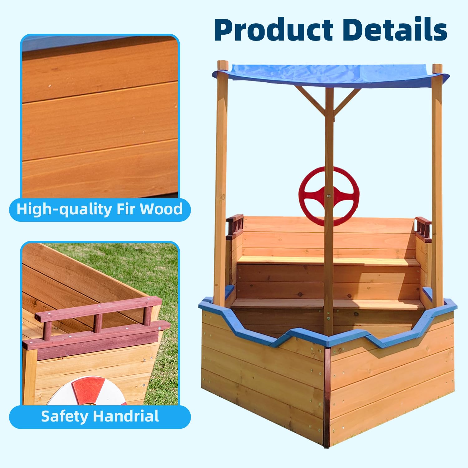 GFDGFD 63" Large Wooden Pirate Ship Sandbox with Cover, Waterproof Canopy & Storage Bench, Sturdy Sand Pit with Rudder & Steps for Children Ages 3-8