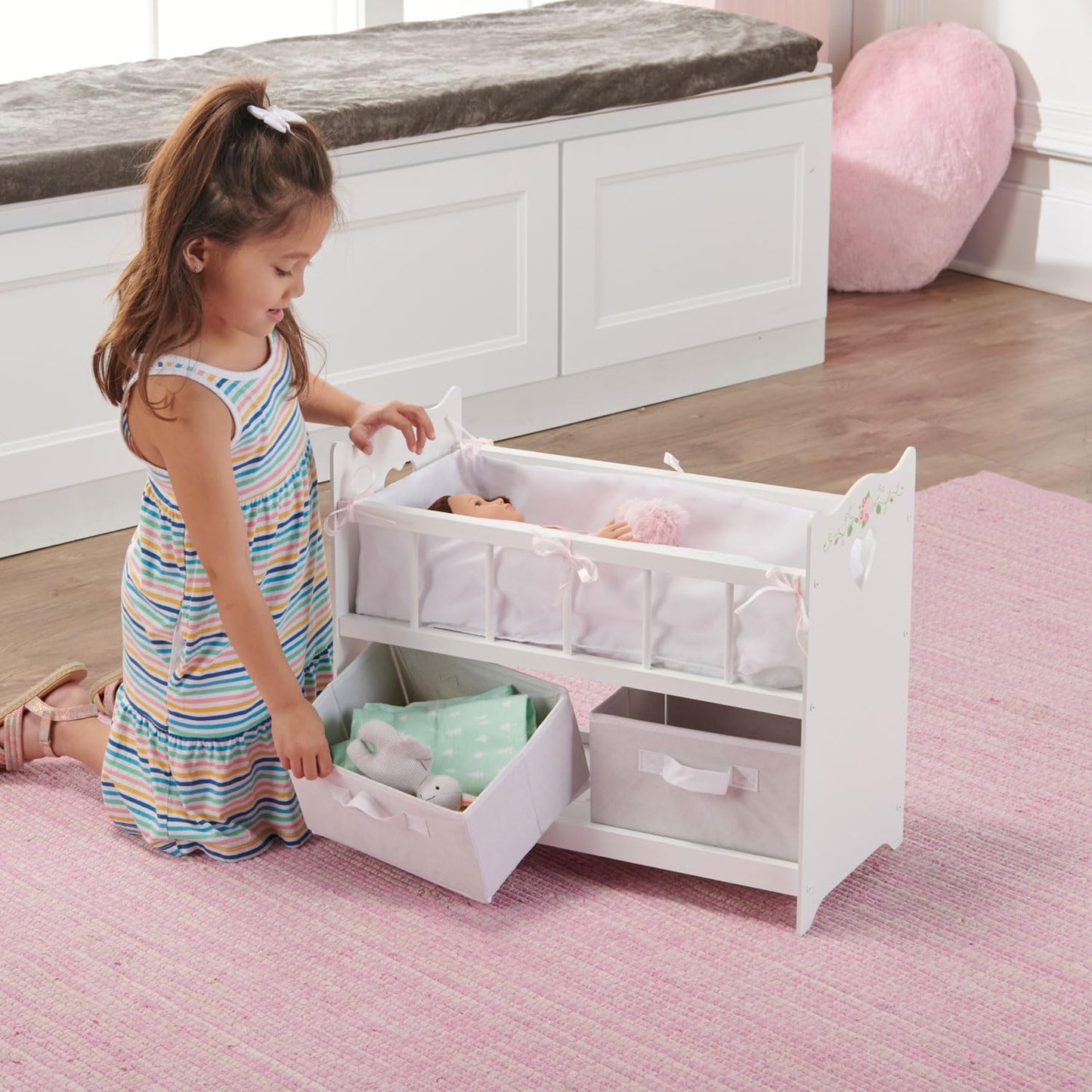 Badger Basket Wooden Doll Bed with Bed Liner, Pillows and Two Storage Baskets - Fits 18" Dolls - Ideal for Pretend Play and Baby Doll Fun - White/Rose