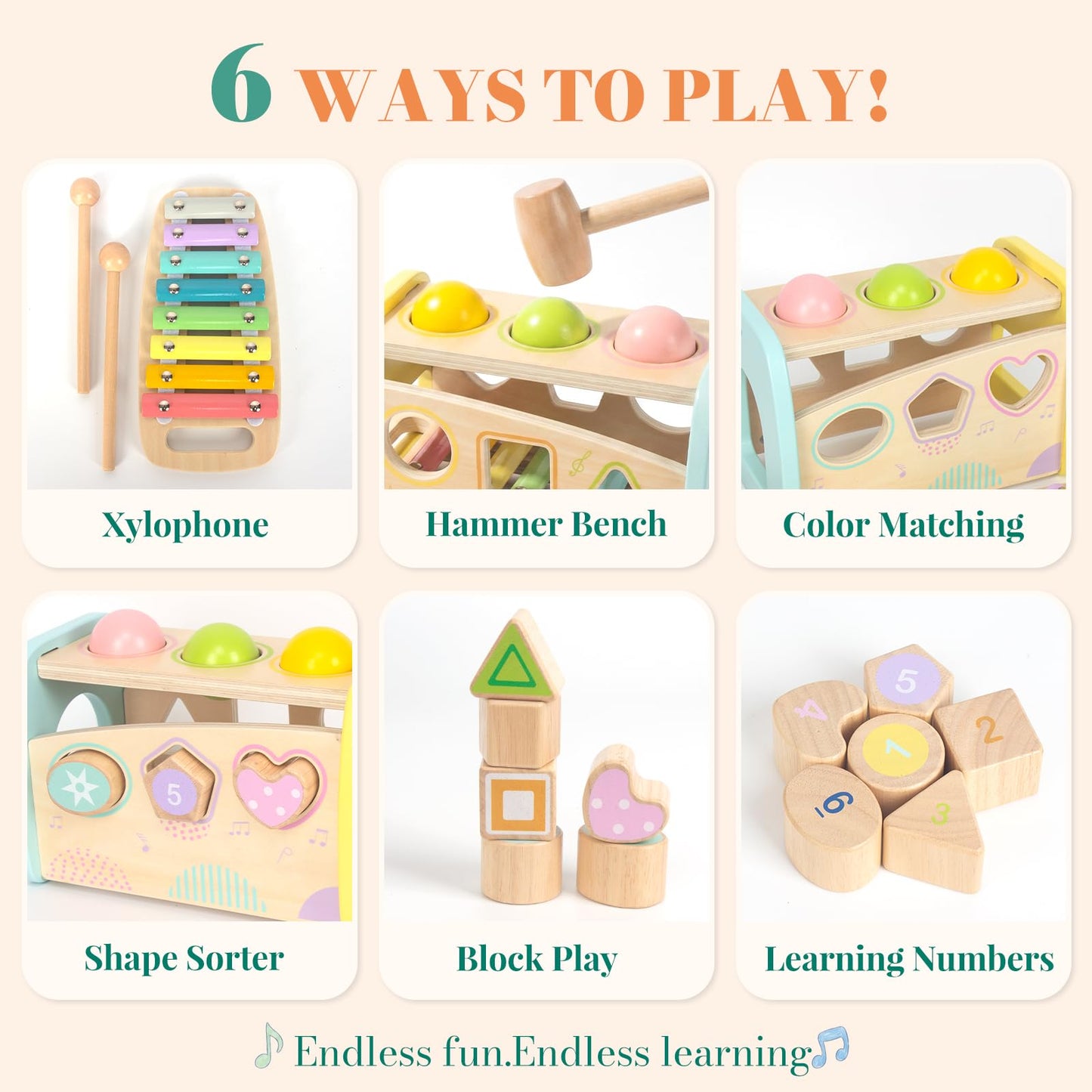 WOODENFUN Hammering Pounding Toys Wooden Educational Toy Xylophone Shape Sorter, Birthday Gift for 3 Years Boys Girls Baby Toddler Kids Developmental