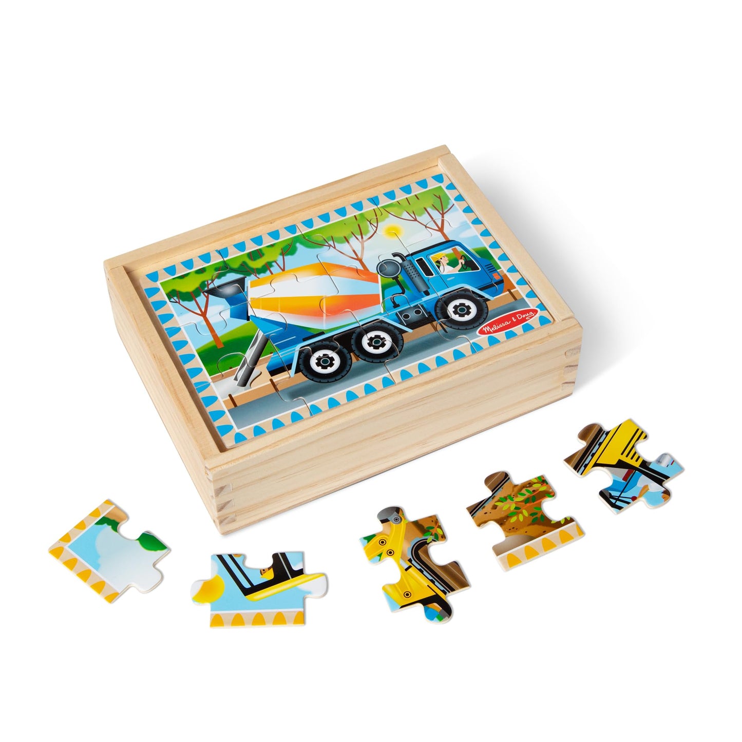 Melissa & Doug 4‑in‑1 Wooden Construction Vehicles Jigsaw Puzzle Set, 48 Pieces with Storage Box, Toddler Puzzle Toy for Kids Ages 3+ - FSC Certified