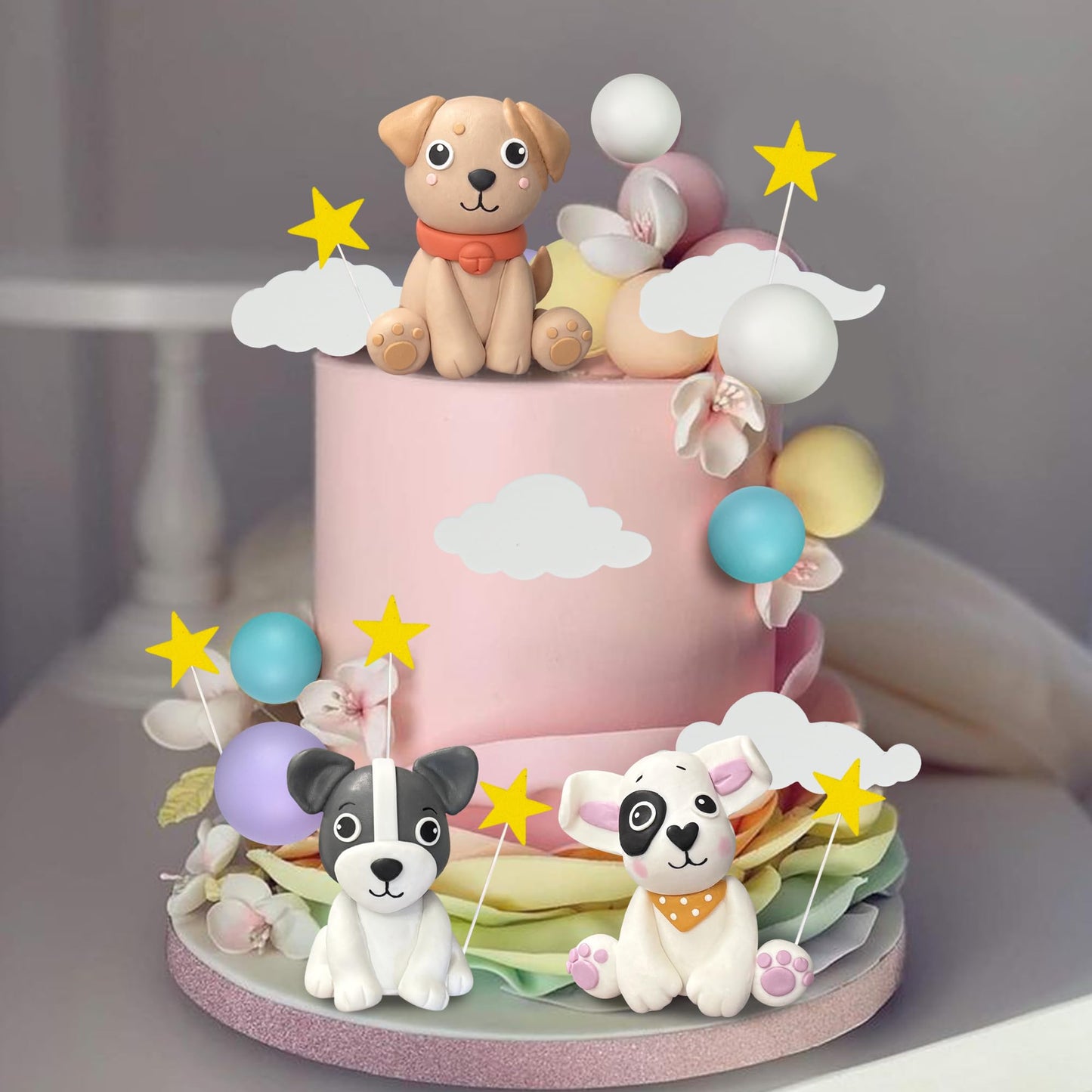 Dog Cake Topper Clay Dog Figurines Star Cloud Ball Cake Toppers Decorations for Dog Theme Paw Cute Pet Decoration Supplies