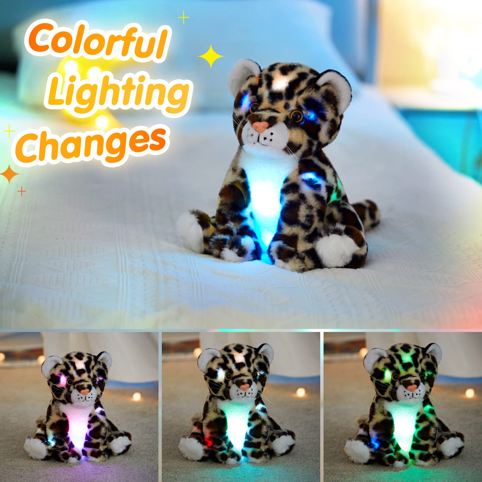 BSTAOFY 10’’ Light up Cheetah Stuffed Animal, Plush LED Leopard Plush Night Light, Companion Bedtime Jungle Toys Glow Afraid of Dark, Valentines