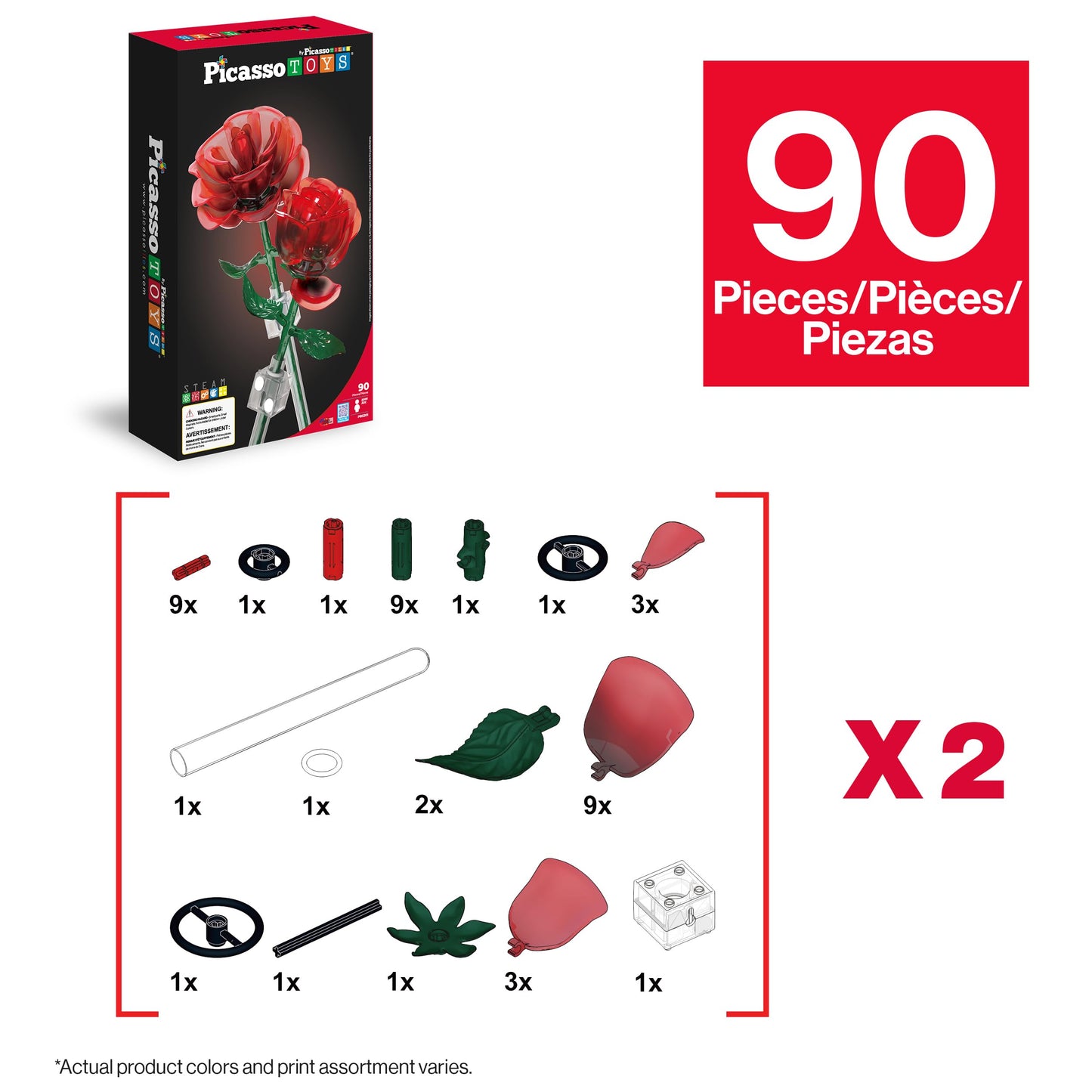 PicassoTiles Red Stem Roses Building 90pc Kit with Magnetic Hold Pieces Creative Flower Construction Toy Hands-On Play Discovery Activity Playset Kids