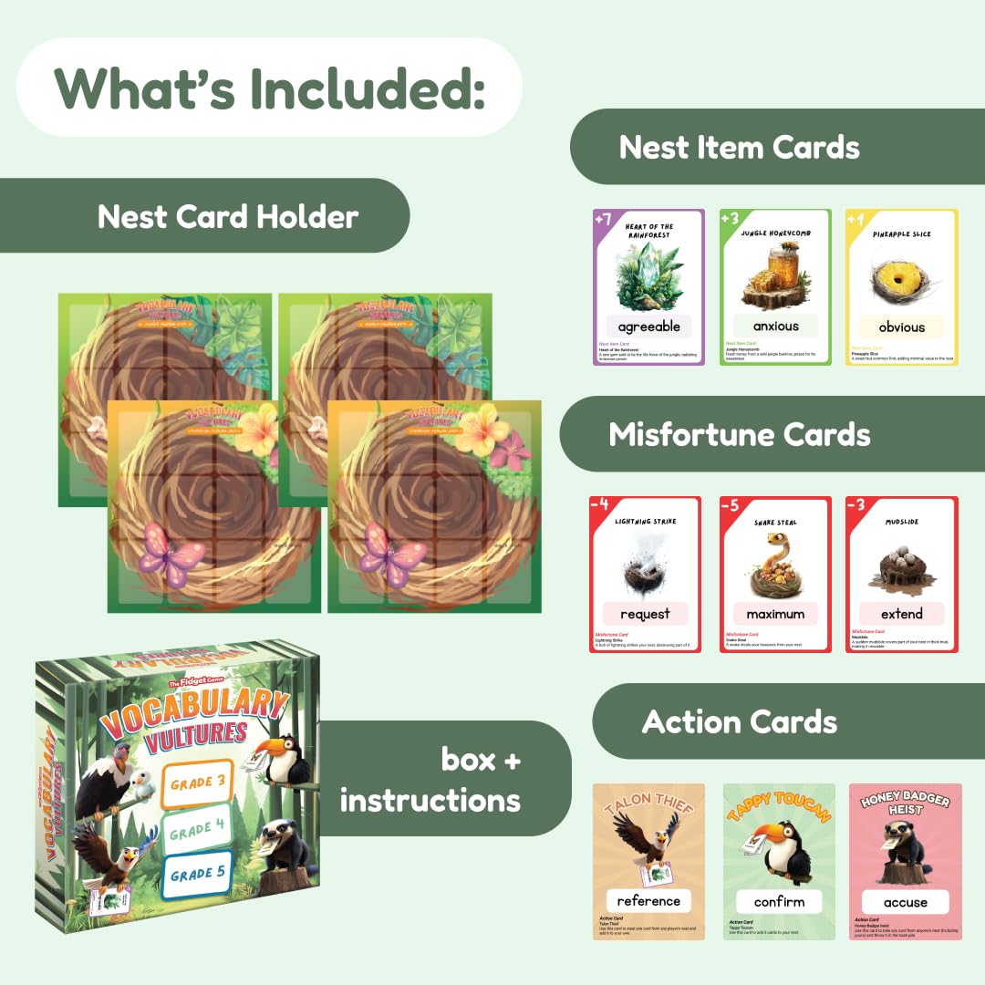 The Fidget Game Vocabulary Vultures, Word Games for Kids Ages 8-11, Grades 3-5, Vocabulary Builder, Reading Comprehension & Communication Skills, Tier