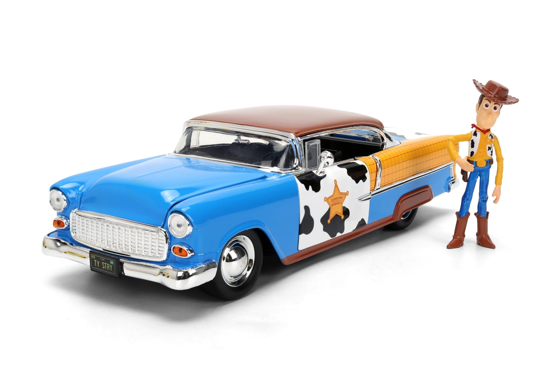 Jada Toy Story Woody 1955 Chevrolet Bel Air Die-Cast Car with Figure 1:24 Scale - Hollywood Rides Collectible Toys
