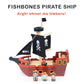 Mentari Toys - Fishbones Pirate Ship - Wooden Pirate Ship with Fabric Sails, Spinning Wheel, Sailors and Canon - Interactive Toy for Imaginative Play