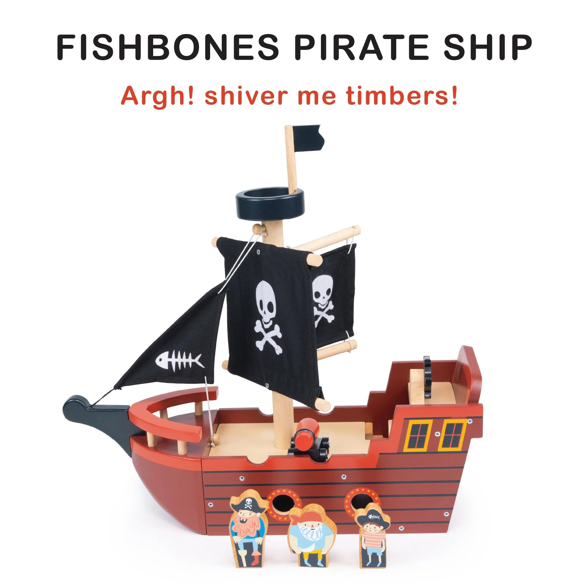 Mentari Toys - Fishbones Pirate Ship - Wooden Pirate Ship with Fabric Sails, Spinning Wheel, Sailors and Canon - Interactive Toy for Imaginative Play