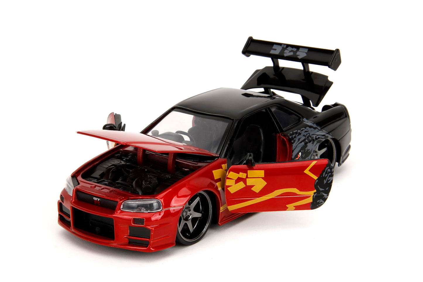 Jada Godzilla 2003 Nissan Skyline GTR R34 - 1:24 Scale Die-Cast, Opening Doors, Hood, Trunk, Rubber Tires - Collectible for Adults - Toho Licensed
