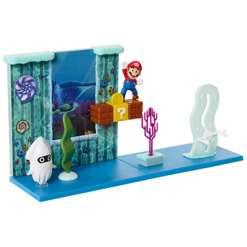 Super Mario Underwater Playset with Interactive Enviromentpiece, 2.5" Articulated Mario Figure & Blooper Squid Figure - Collect & Create Your Mario