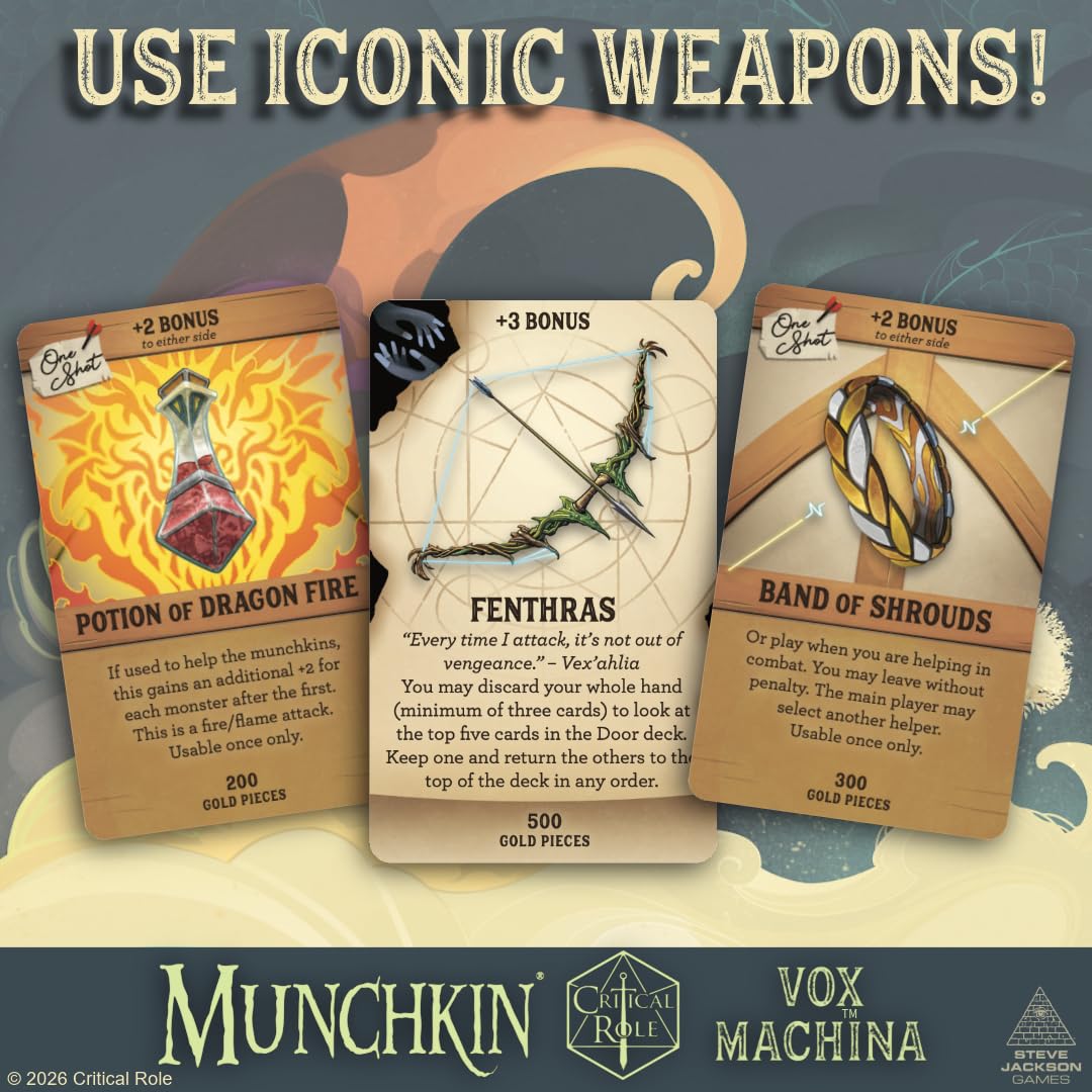 Munchkin Vox Machina - A Critical Role Game by SJG | Ages 10+ | 3-6 Players | Tal’Dorei Board Game with Character Standies, D20 Dice, Roles & Drives