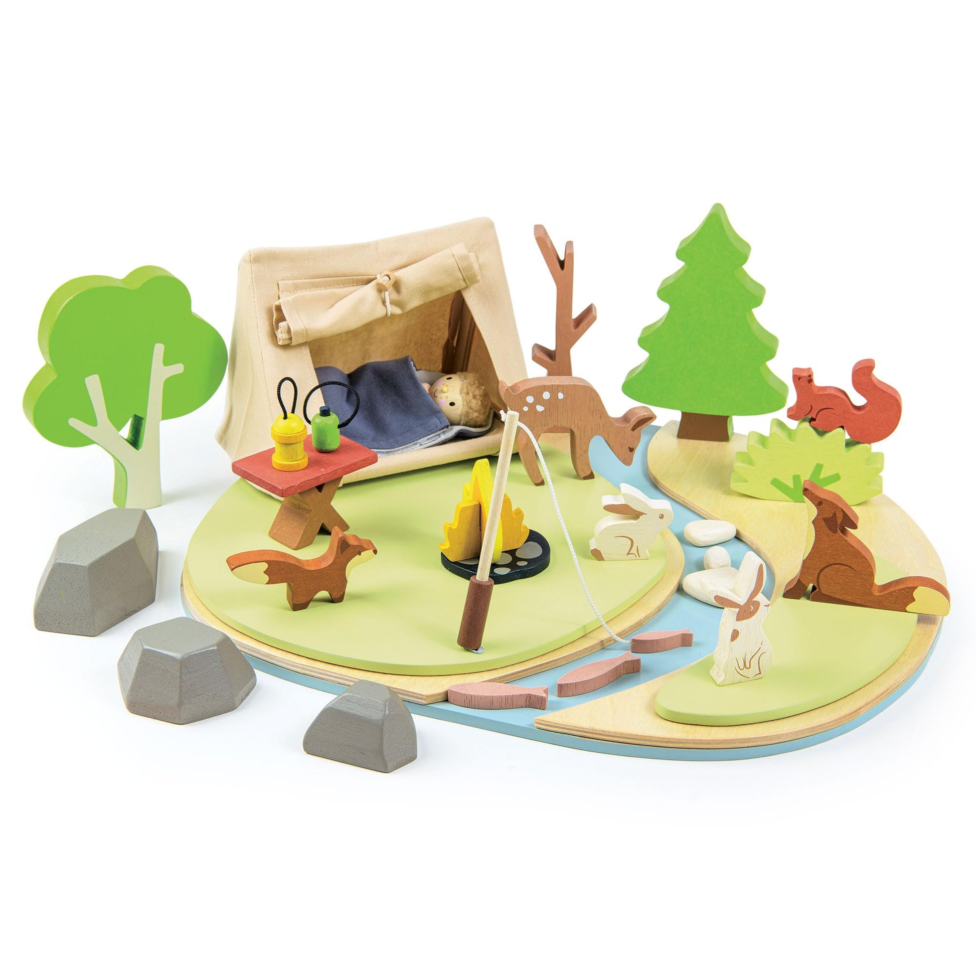 Tender Leaf Toys - Wildlife Camping Playset - Wooden Doll Sized Camping Set with Tent, Campfire, Fishing Rod & Accessories - Imaginative Play Set