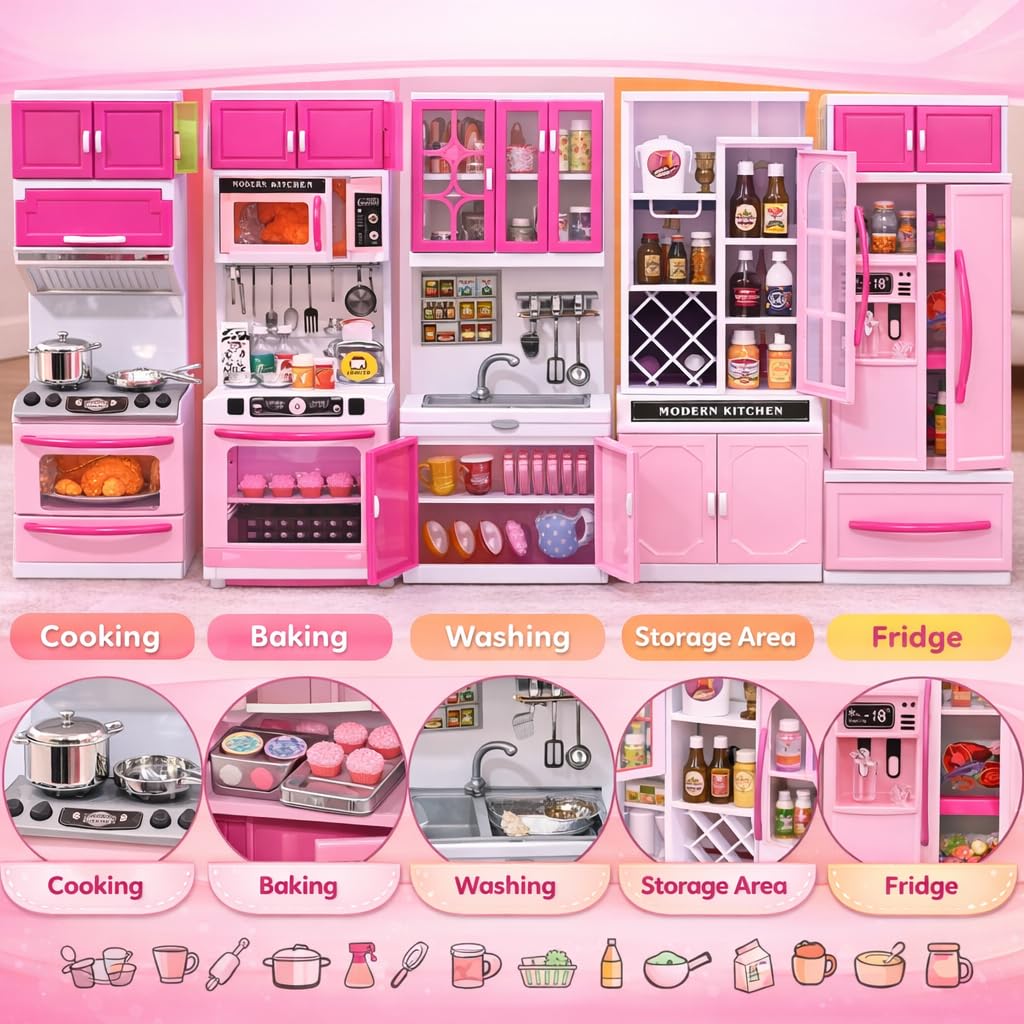 Doll Kitchen Playset for Kids, My Modern Mini Kitchen House Furniture Pretend Play Toy Accessories Set with Realistic Lights & Sounds for Toddlers