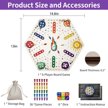 Kivan Base Wooden Board Game?Original Wooden Game 15 Inch Single-Sided Aggravation Game for 6 Players, 36 Colorful Pawns & 6 Dice, Fast Track Game