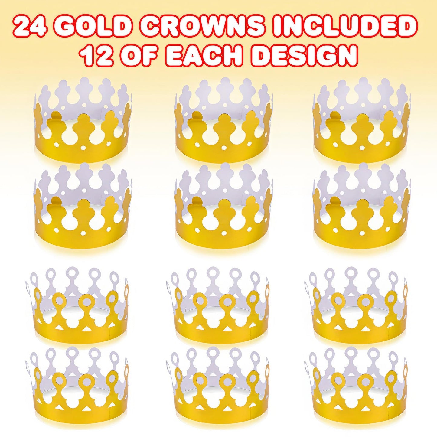 ArtCreativity Pack of 24 Gold Crown - Foil Birthday Party Paper Crowns for Kids - Golden Birthday Hats in 2 Fun Designs Adjustable and Reusable