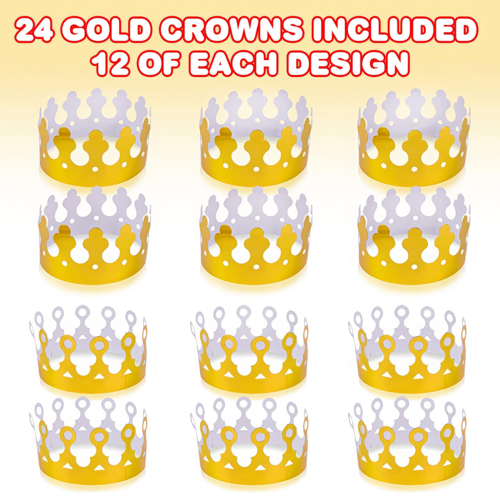 ArtCreativity Pack of 24 Gold Crown - Foil Birthday Party Paper Crowns for Kids - Golden Birthday Hats in 2 Fun Designs Adjustable and Reusable