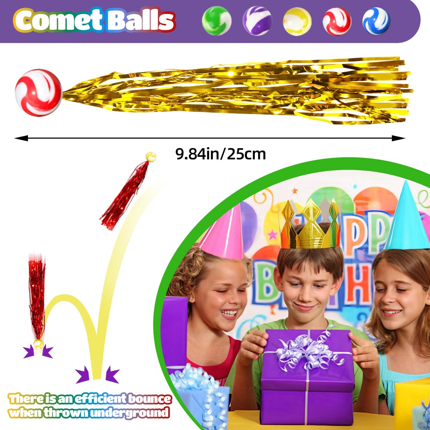 Zeustbonwe 150Pcs Comet Balls Rubber Bouncy Balls Bulk with Colorful Streamers for Birthday Party Favors Pinata Goodie Bag Stuffers parade