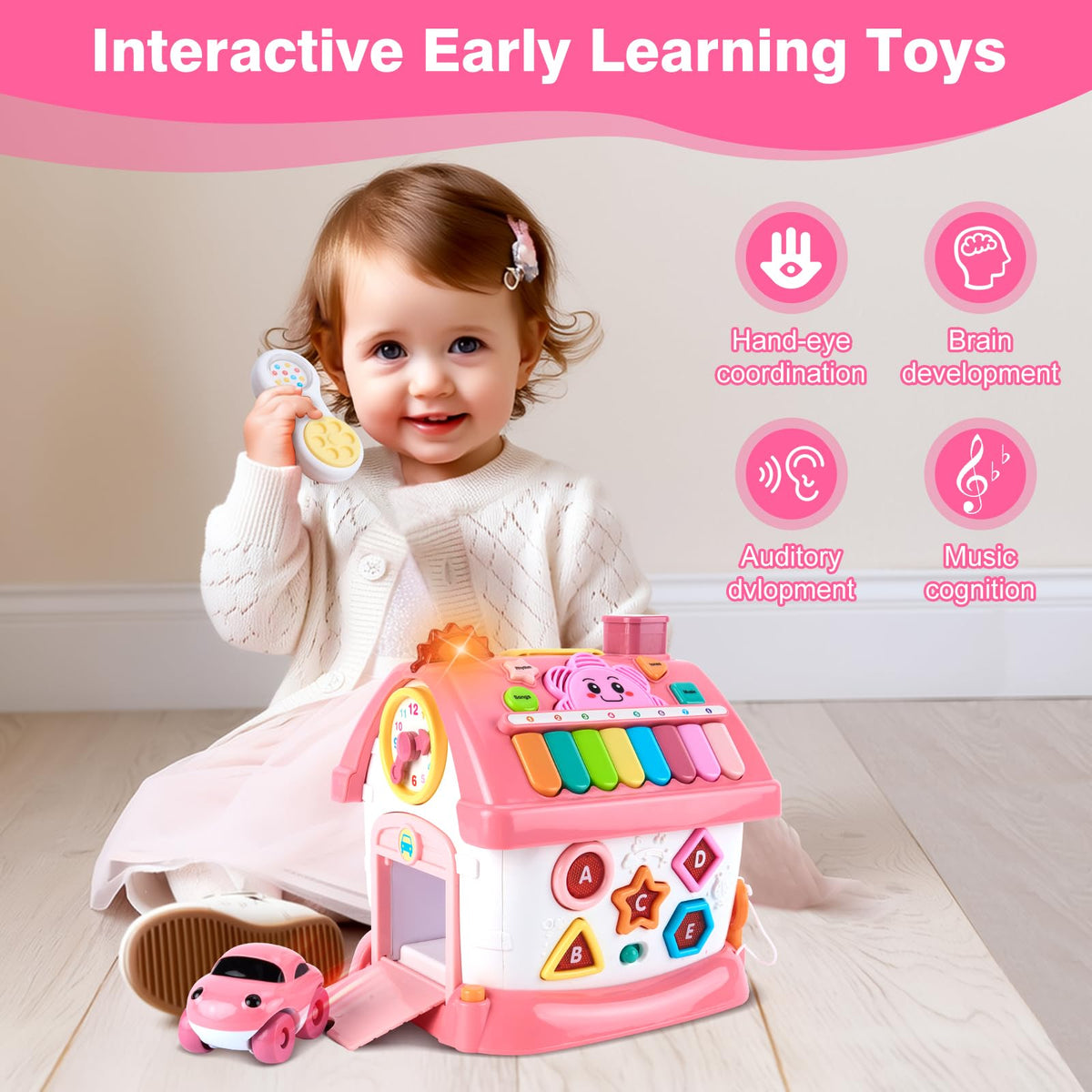 Toddler Girl Toys for 1 Year Old, Montessori Toys for 1 Year Old Girl Birthday Gift, 8 In 1 Pink Baby Musical Learning House with Sound Light Music