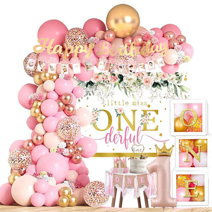 Baby Girl 1st Birthday Decorations Supplies - Balloon Boxes, Pink Gold Balloons Garland Arch Kit?Party Backdrop, High Chair Banner, Crown, Photo