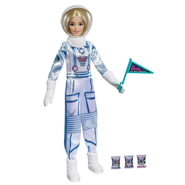 Barbie Space Discovery Astronaut Doll, Blonde, in Spacesuit with Helmet, Gloves, Flag & 3 Mini Packs of Astronaut Food (Non-Edible) for 3 to 7 Year