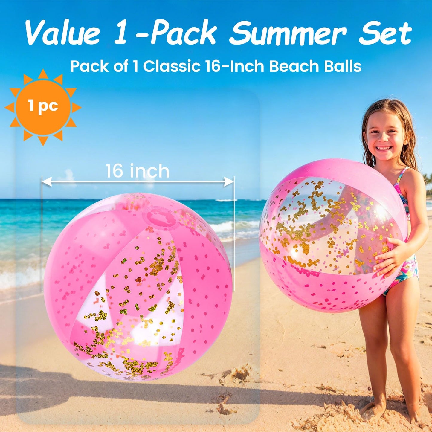 AMOR PRESENT Glitter Beach Ball, 16 Inch, Pink