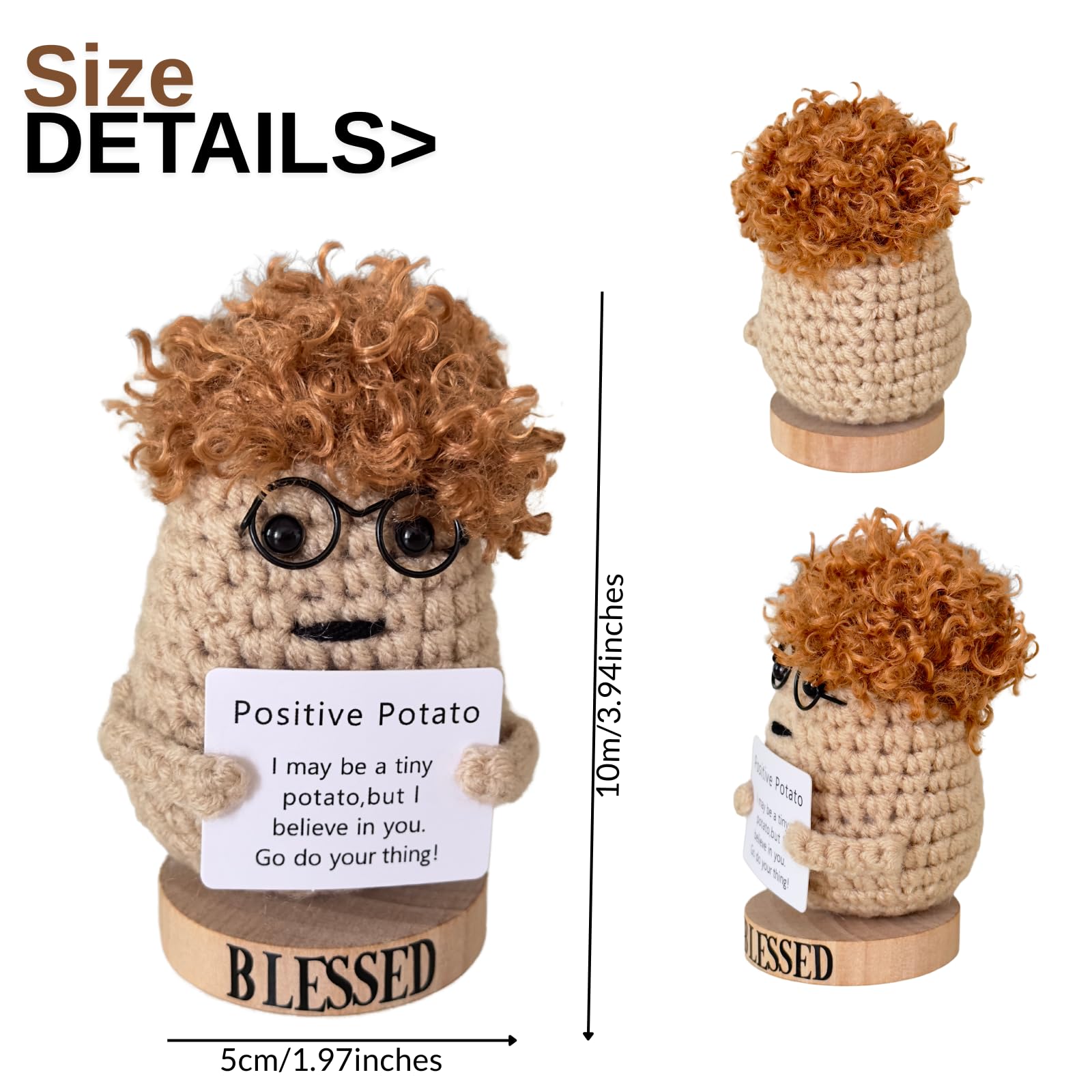 Jpaklpe Positive Crochet Potato, Handmade Desk Decor Gift with Wooden Stand
