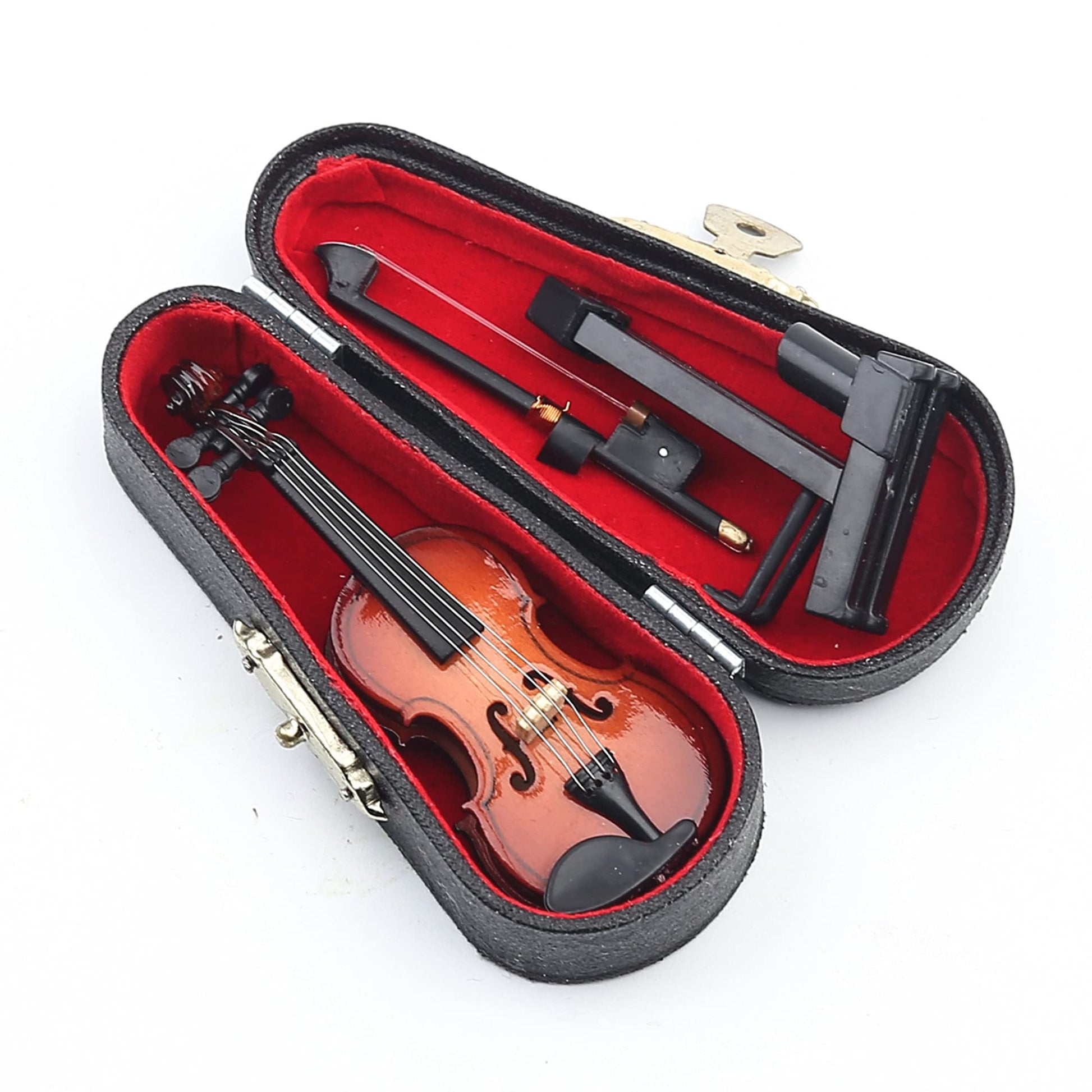 Wooden Miniature Violin Replica with Stand, Bow and Case Sculpture Ornament