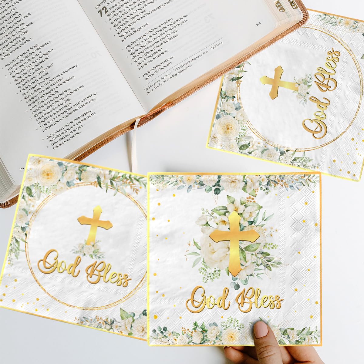 40pcs Floral God Bless Napkins Baptism Decorations for Girl Baptism Paper Napkins Religious Disposable First Communion Holy Christening Party Supplies
