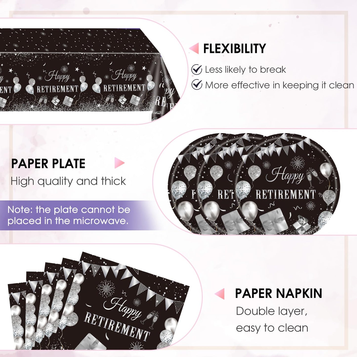 41PCS Happy Retirement Party Decorations for Men and Women,Black Silver Happy Retirement Paper Plates Napkins and Tablecloth Disposable Dinnerware