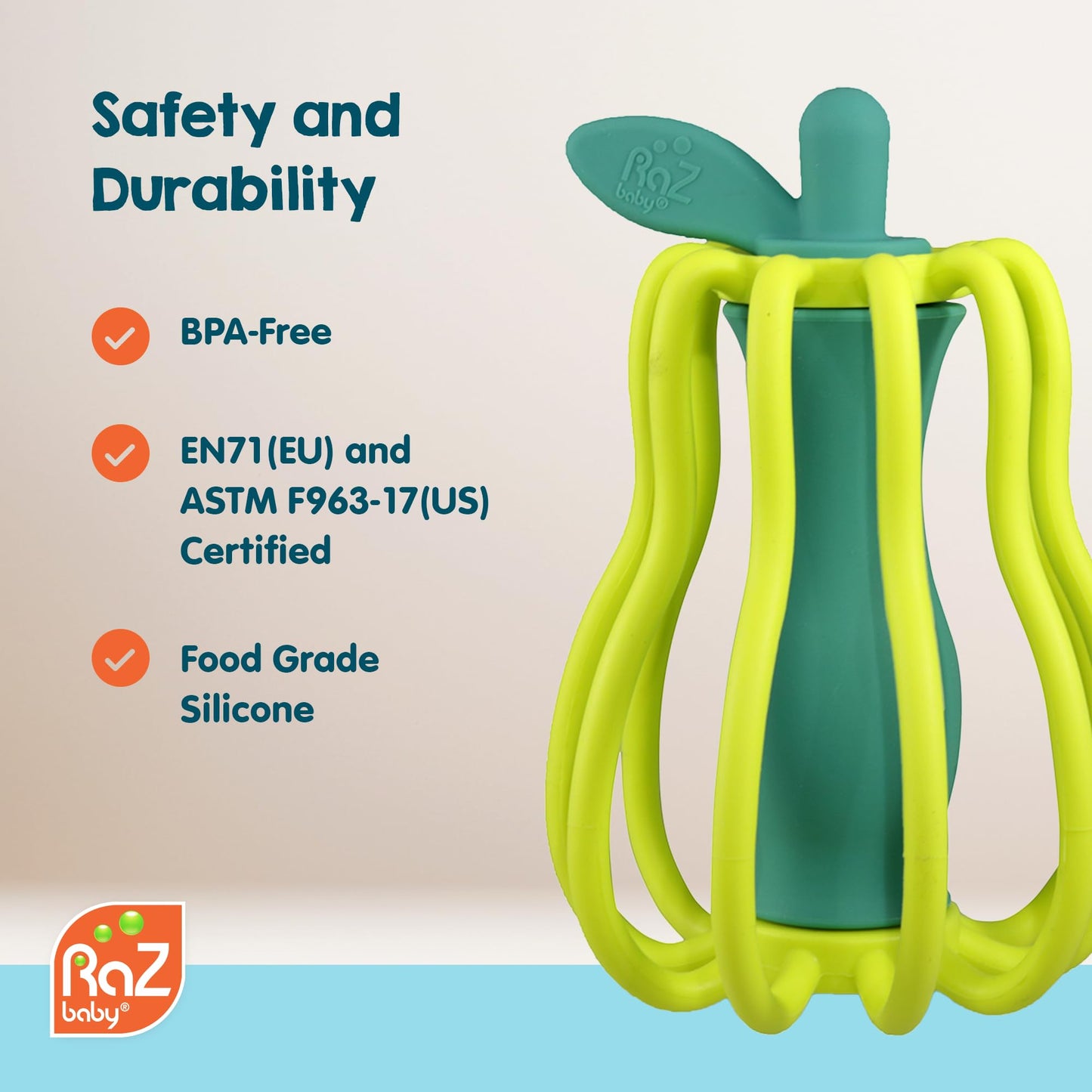 RaZbaby RaZ-Apple Silicone Teether & Rattle Toy - Soft, Flexible & Easy to Hold, Soothing Sounds for Entertainment, Textured for Teething Relief